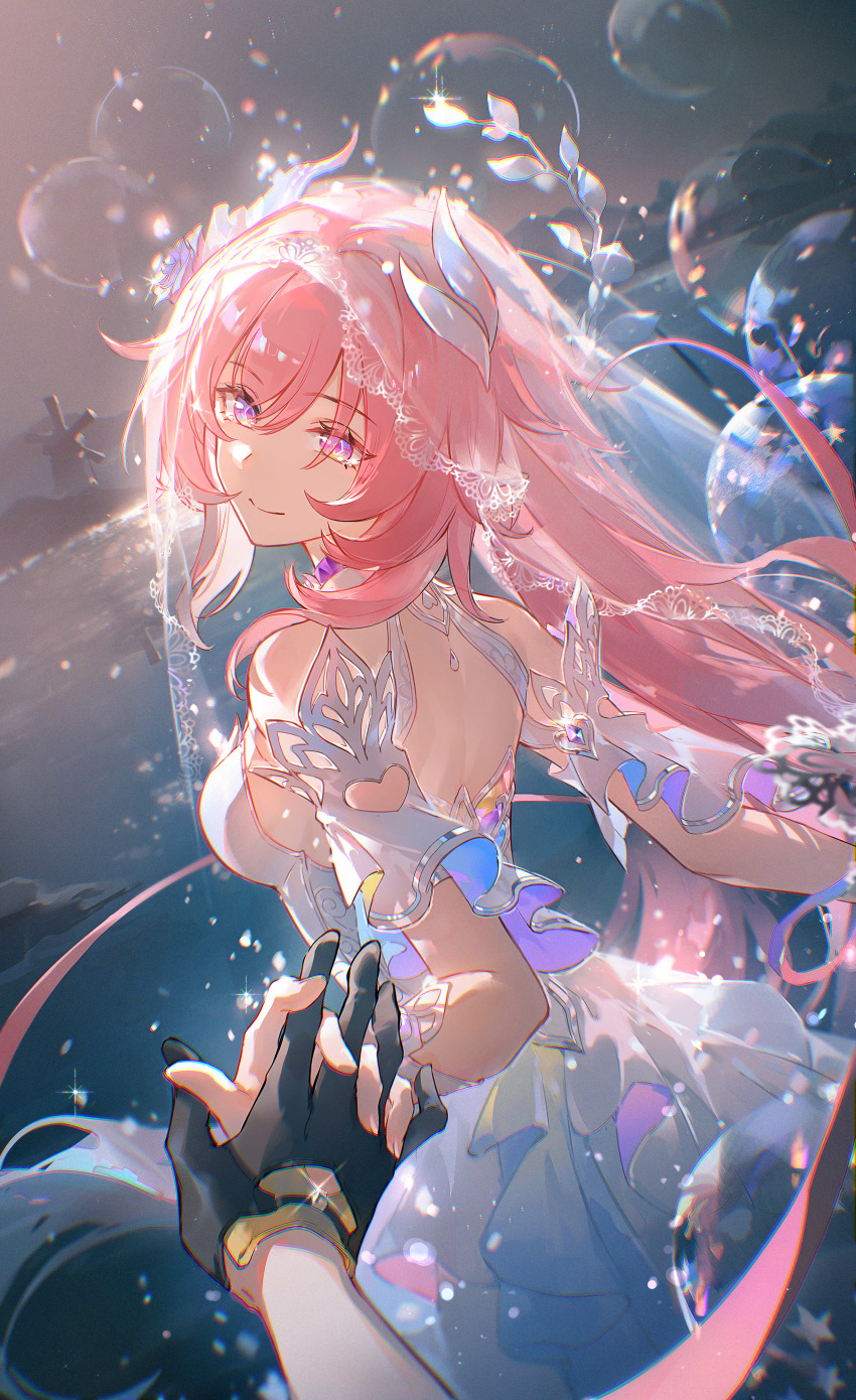 2girls, absurdres, back, backless_dress, backless_outfit, black_gloves, breasts, bridal_veil, bubble, chinese_commentary, commentary_request, cyrene_(honkai:_star_rail), cyrene_(demiurge)_(honkai:_star_rail), diamond-shaped_pupils, diamond_(shape), dress, female_pov, gloves, highres, honkai:_star_rail, honkai_(series), interlocked_fingers, long_hair, luochun_ring, medium_breasts, multiple_girls, pink_hair, pov, pov_hands, purple_eyes, smile, stelle_(honkai:_star_rail), symbol-shaped_pupils, trailblazer_(honkai:_star_rail), veil, very_long_hair, white_dress