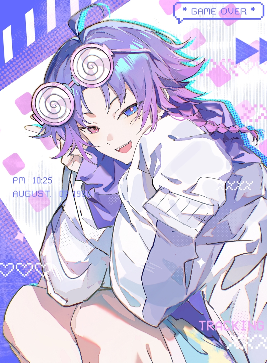 18trip, 1boy, :d, absurdres, ahoge, black_sweater, blue_eyes, blue_shorts