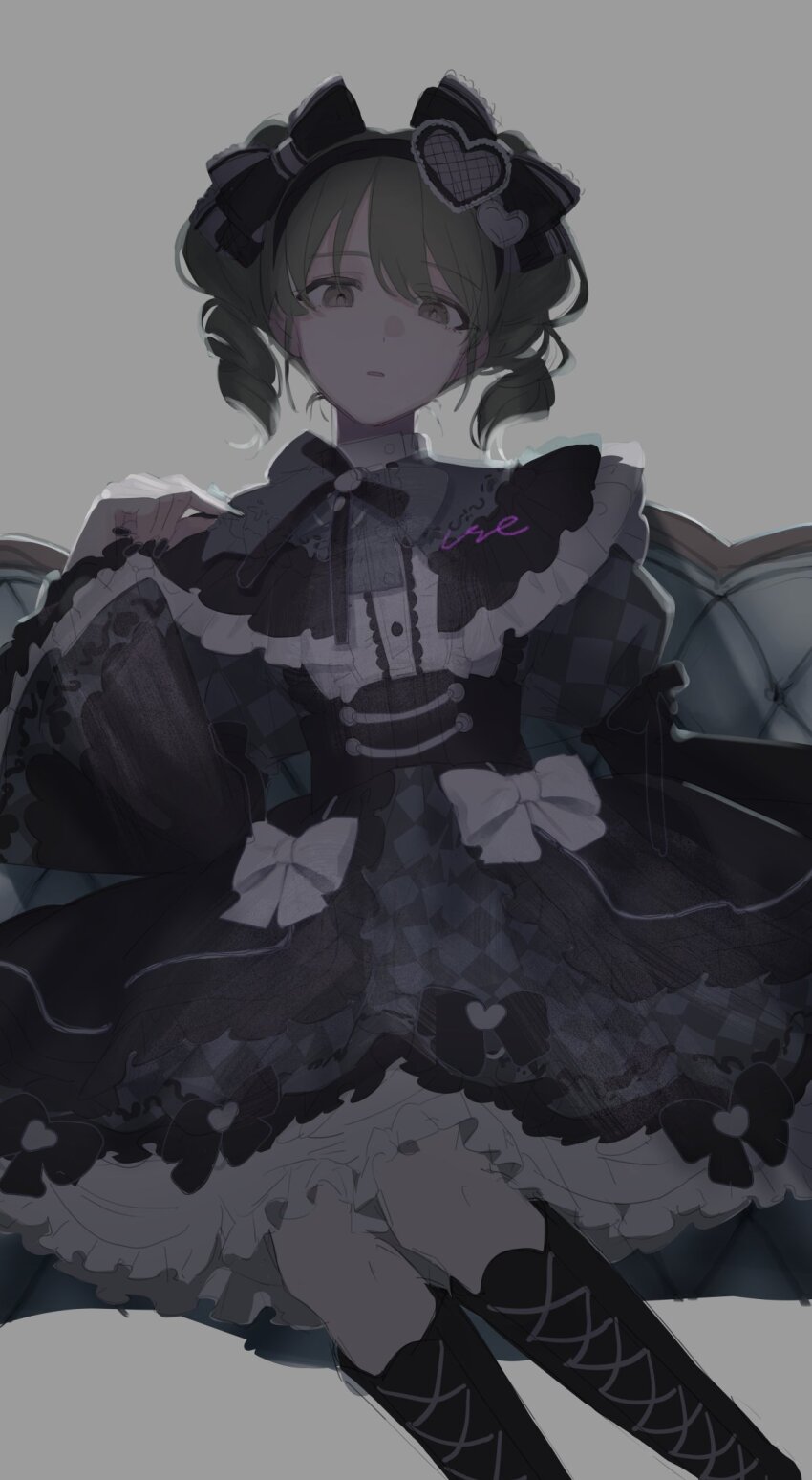 1girl, adjusting_bowtie, backlighting, black_boots, black_bow, black_corset, black_dress, black_hairband