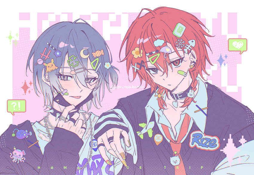 18trip, 2boys, bandaid, bandaid_on_face, black_jacket, black_sweater_vest, blue_hair, braid