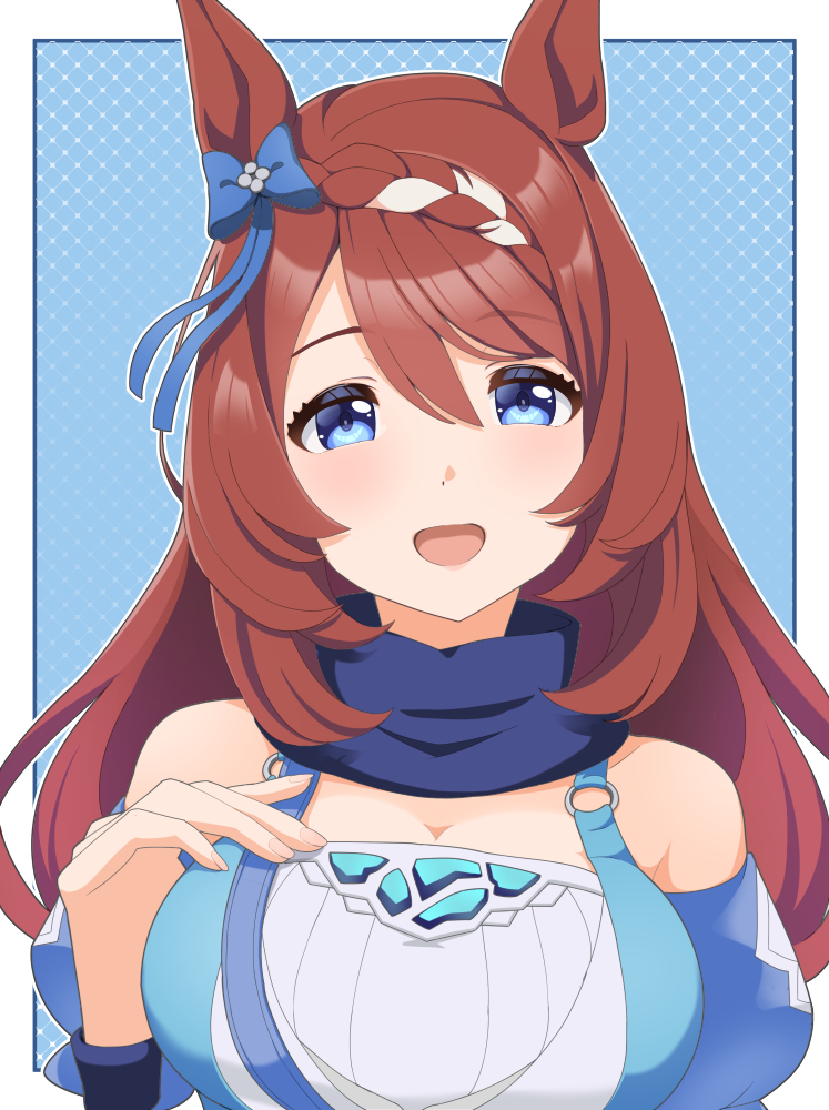 1girl, animal_ears, bare_shoulders, blue_dress, blue_eyes, blue_scarf, blush, bow