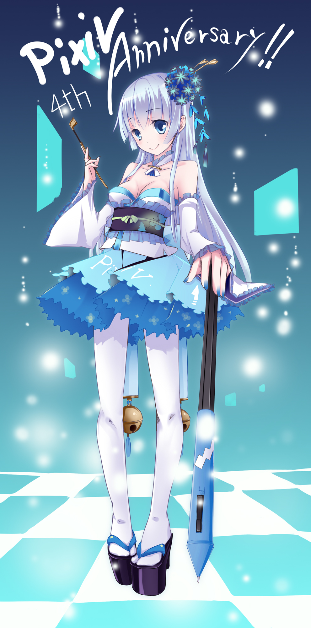 1girl, :>, bell, blue_eyes, blue_hair, checkered_floor, clog_sandals, detached_sleeves