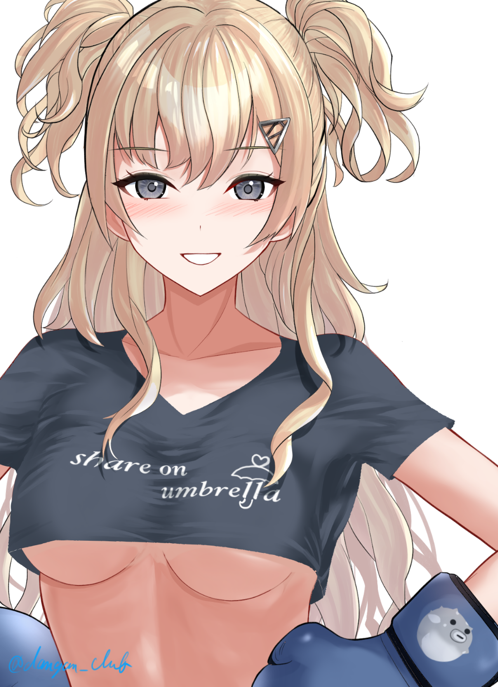 1girl, black_shirt, blonde_hair, blush, boxing_gloves, breasts, clothes_writing, cropped_shirt, dangan_kurabu, grey_eyes, hair_between_eyes, hair_ornament, hairclip, highres, kantai_collection, large_breasts, long_hair, looking_at_viewer, minneapolis_(kancolle), minneapolis_(rainy_season)_(kancolle), official_alternate_costume, shirt, simple_background, smile, solo, twitter_username, two_side_up, underboob, upper_body, wavy_hair, white_background