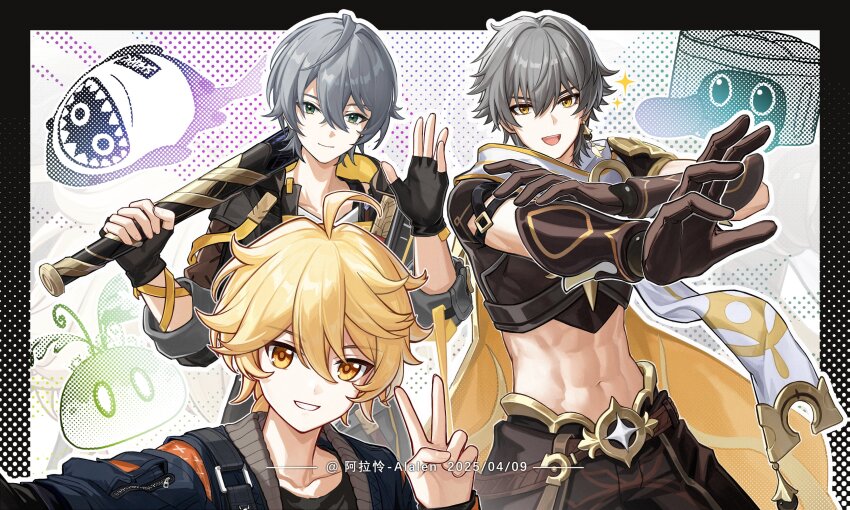 3boys, absurdres, aether_(genshin_impact), aether_(genshin_impact)_(cosplay), alalen, baseball_bat, black_gloves, black_jacket