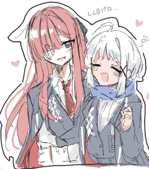 2girls, aya_(project_moon), black_coat, black_vest, coat, coat_on_shoulders, grey_eyes, kigurui_kkr