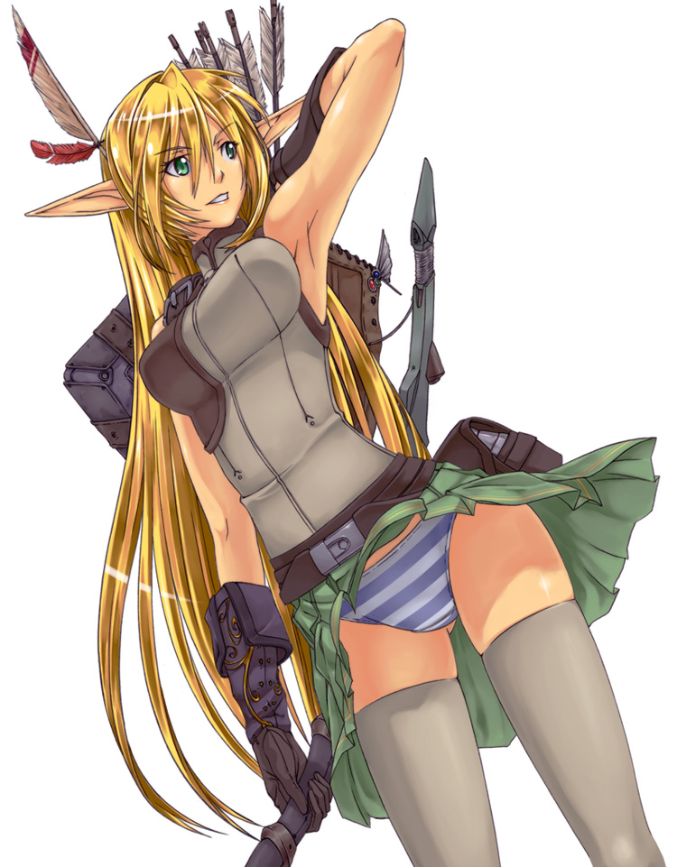 1girl, arm_up, armpits, arrow_(projectile), blonde_hair, bow_(weapon), breasts, dutch_angle, elf, feather_hair_ornament, feathers, female_focus, gloves, green_eyes, green_skirt, grey_thighhighs, hair_ornament, long_hair, long_pointy_ears, majires, miniskirt, original, otarou_(otamax), panties, pantyshot, pleated_skirt, pointy_ears, simple_background, skirt, solo, striped_clothes, striped_panties, thighhighs, underwear, upskirt, very_long_hair, weapon, wind, wind_lift