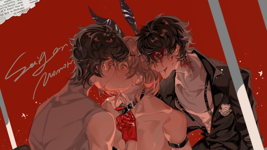 3boys, akechi_gorou, amamiya_ren, animal_ears, armlet, baicumikuo, black-framed_eyewear, black_choker, black_hair, black_jacket, blood, blood_on_clothes, blood_on_face, choker, detached_collar, fake_animal_ears, glasses, gloves, heart, heart-shaped_pupils, highres, jacket, jewelry, joker_(persona_5), kiss, male_focus, male_playboy_bunny, multiple_boys, pectorals, persona, persona_5, pulling_another's_necklace, rabbit_ears, red_eyes, red_gloves, school_uniform, shuujin_academy_school_uniform, symbol-shaped_pupils, topless_male, vest, yaoi