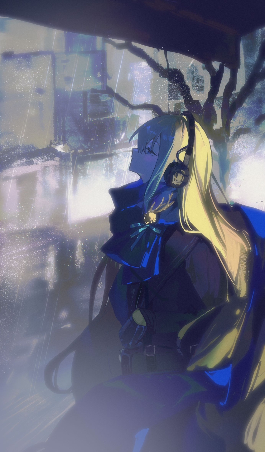 1girl, bkornblume, black_coat, blue_eyes, blue_scarf, building, chelizi_(weibo_5986313927), coat