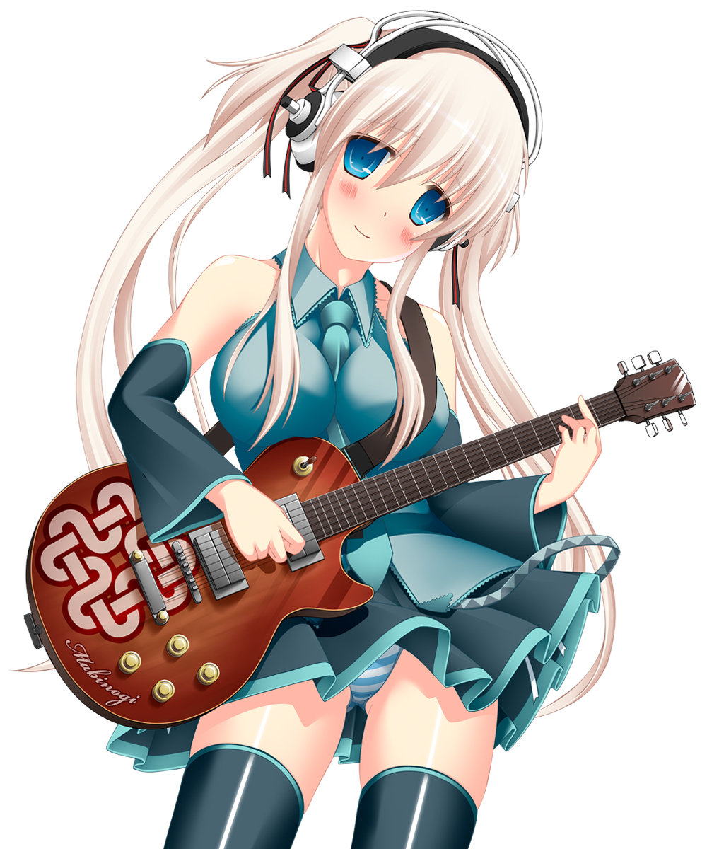 1girl, blue_eyes, cosplay, detached_sleeves, electric_guitar, female_focus, guitar, hair_ribbon