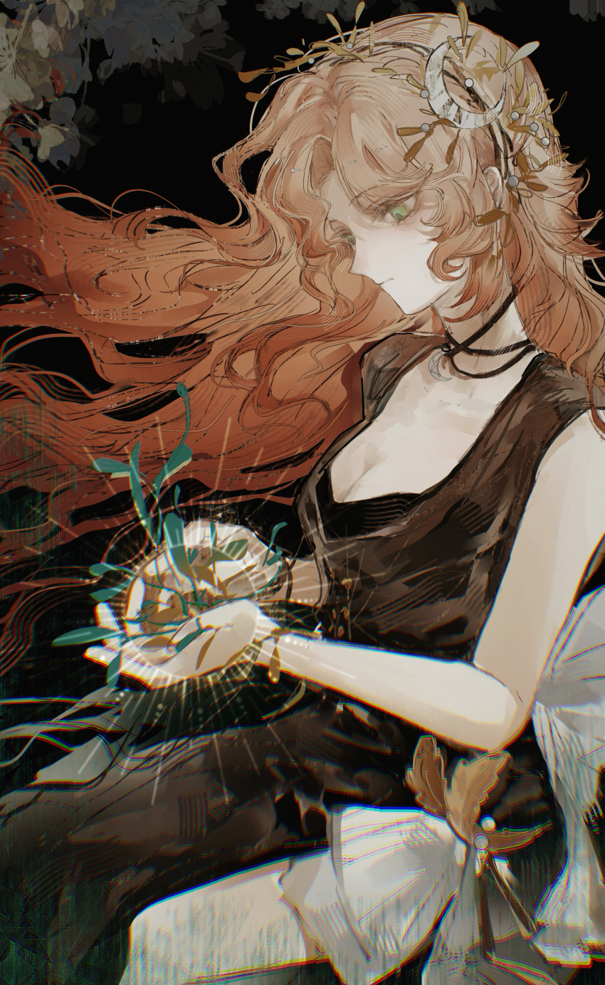 1girl, absurdres, bare_arms, bare_shoulders, black_background, chiyu_(shuchiyu607), cowboy_shot, crescent