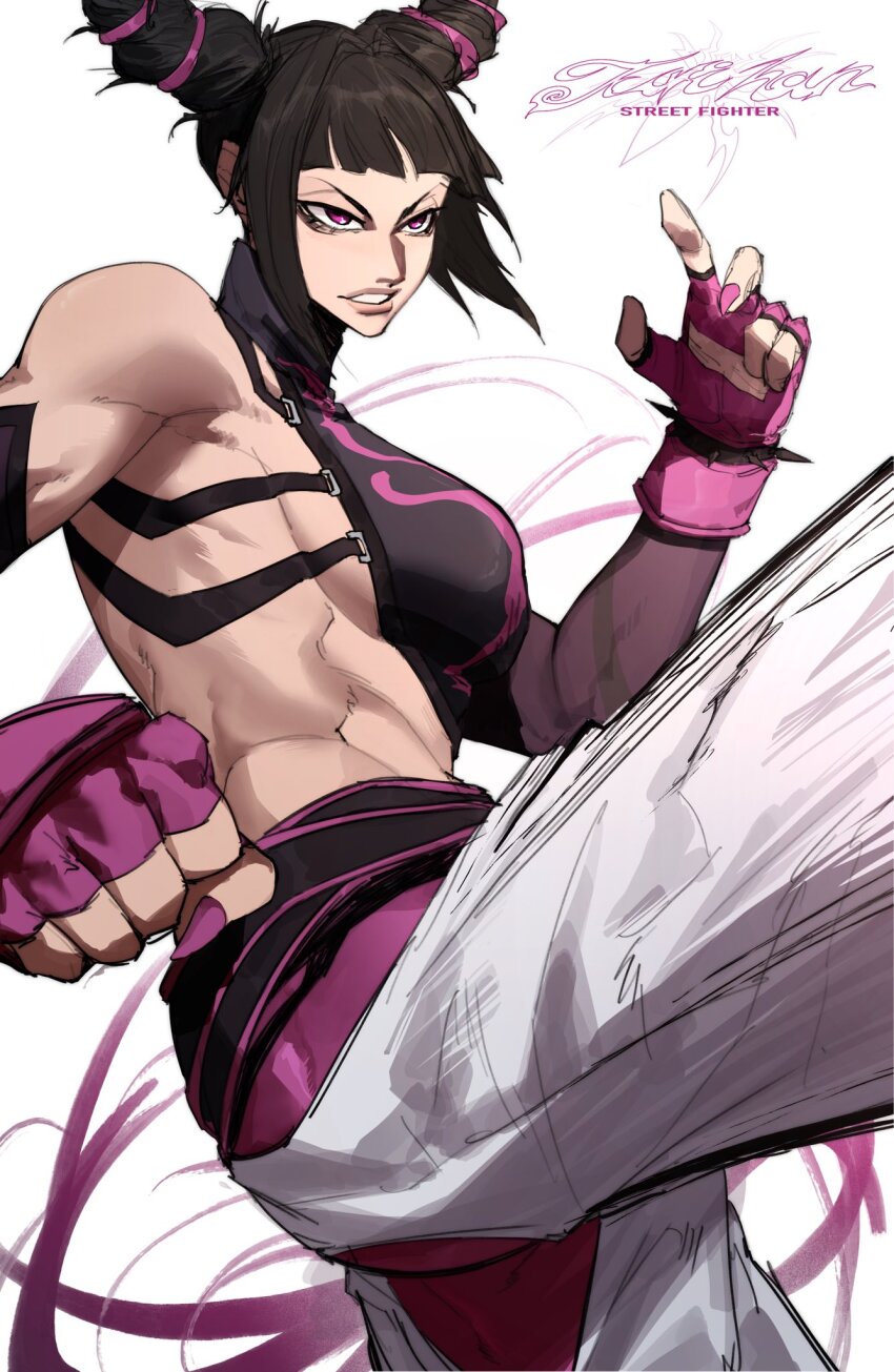 1girl, bare_shoulders, black_hair, breasts, character_name, clenched_hand, clenched_teeth, commentary