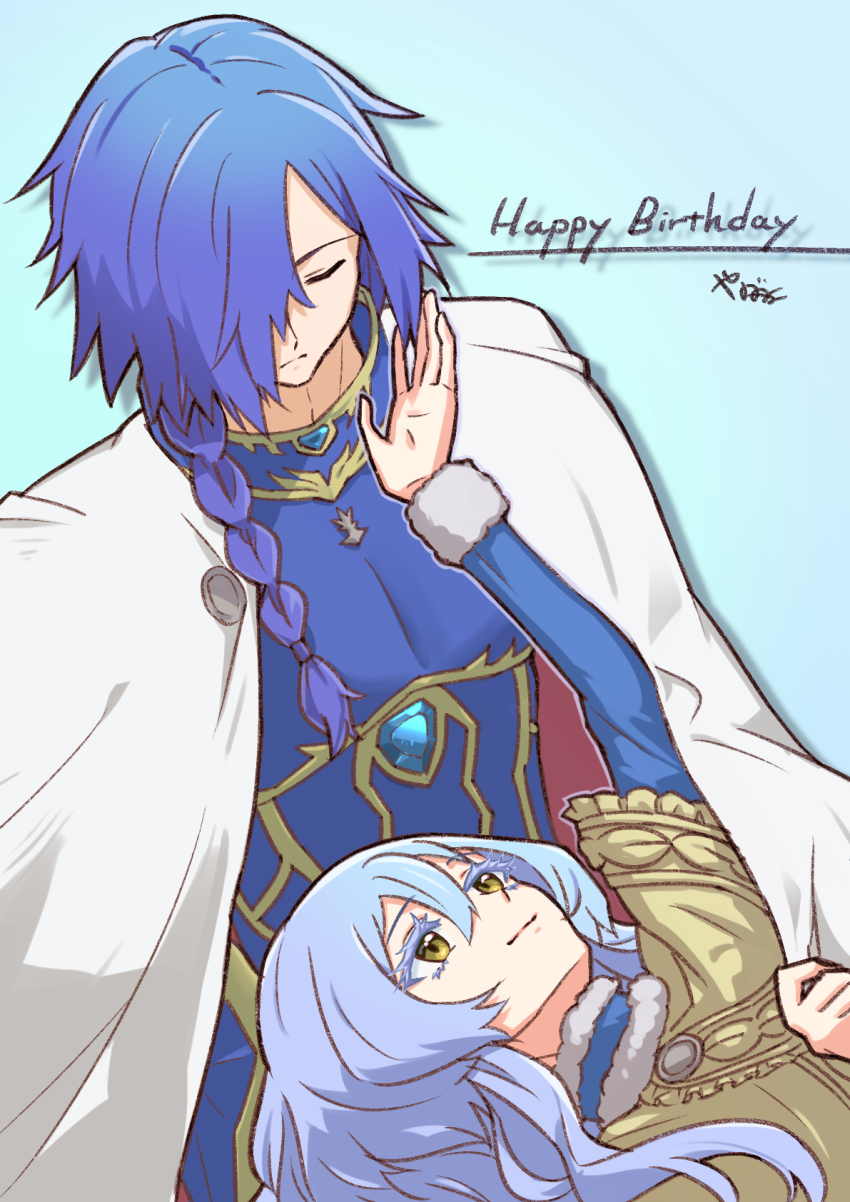 1boy, 1girl, armor, blue_armor, blue_background, blue_hair, braid, cape