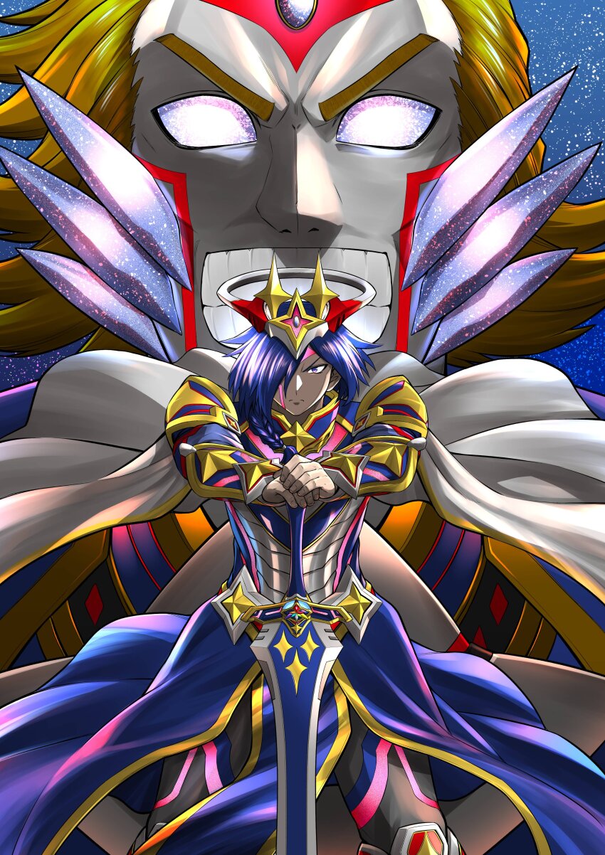 2boys, absurdres, armor, blue_armor, blue_background, blue_eyes, blue_hair, braid