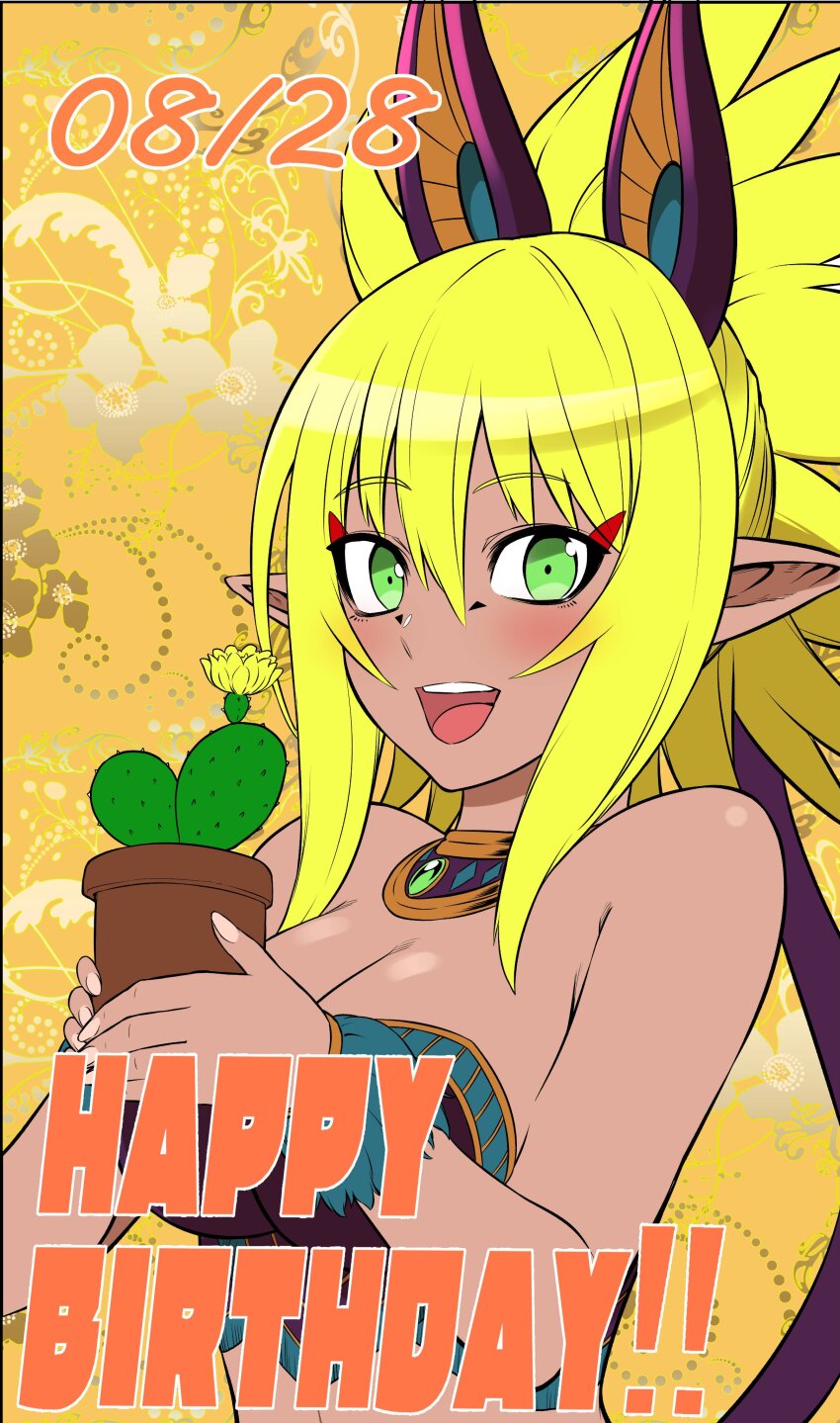 1girl, absurdres, bare_shoulders, black_tube_top, blonde_hair, blush, breasts, cactus
