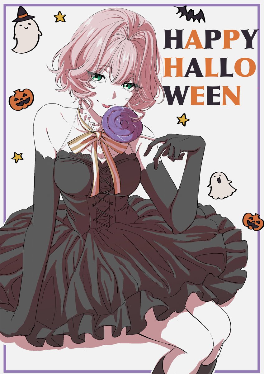 1girl, bare_shoulders, black_dress, black_gloves, breasts, candy, dress, elbow_gloves