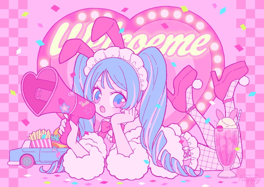 1girl, absurdres, confetti, english_text, fishnet_pantyhose, fishnets, food, french_fries