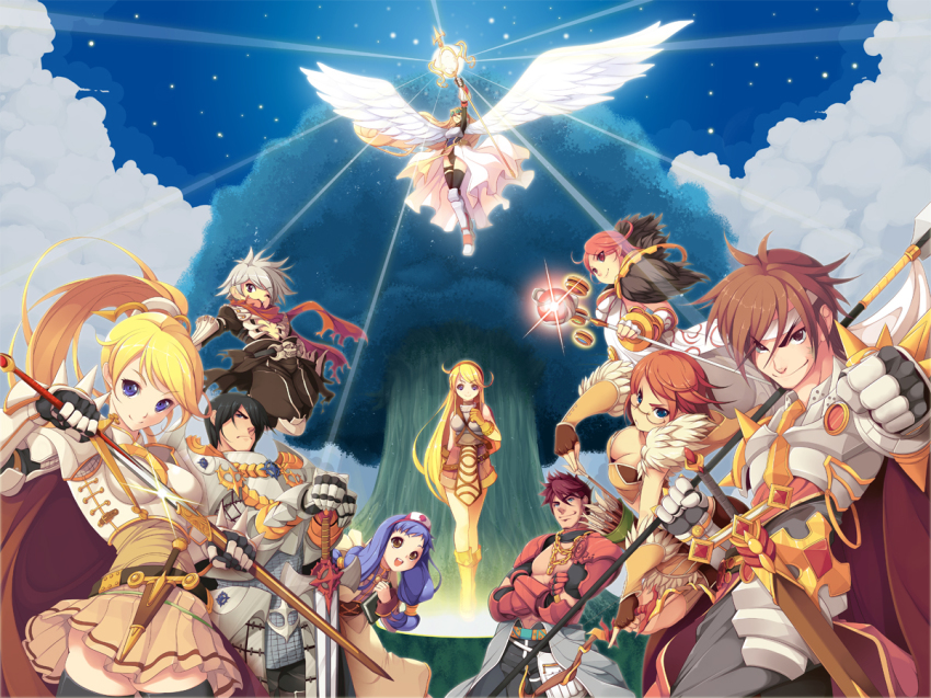 3boys, 6+girls, :3, :d, acolyte_(ragnarok_online), angel_wings, armor, armored_dress, arrow_(projectile), assassin_cross_(ragnarok_online), bad_id, bad_pixiv_id, black_hair, blonde_hair, blue_eyes, blue_hair, book, bow_(weapon), brown_eyes, brown_hair, clenched_hand, cloud, dagger, dress, fingerless_gloves, fur_trim, glasses, gloves, grey_hair, guillotine_cross_(ragnarok_online), hat, knife, koflif, oversized_wings, long_hair, looking_at_viewer, lord_knight_(ragnarok_online), mechanic_(ragnarok_online), multiple_boys, multiple_girls, novice_(ragnarok_online), nurse_cap, one_eye_closed, open_mouth, orange_hair, polearm, ponytail, quiver, ragnarok_online, red_hair, royal_guard_(ragnarok_online), scabbard, scarf, sheath, short_hair, sky, smile, sniper_(ragnarok_online), sorcerer_(ragnarok_online), spear, staff, star_(sky), sword, tree, twintails, unsheathing, valkyrie, valkyrie_(ragnarok_online), very_long_hair, weapon, wings, wink