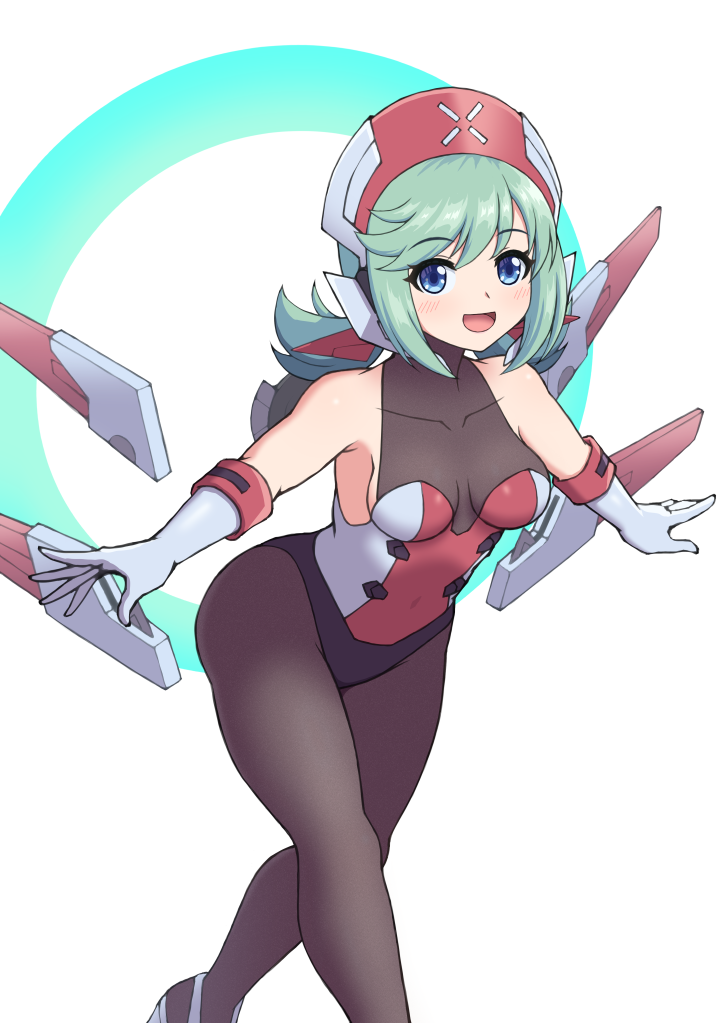 1girl, bare_shoulders, blue_eyes, bodystocking, breasts, cowboy_shot, detached_sleeves, green_hair