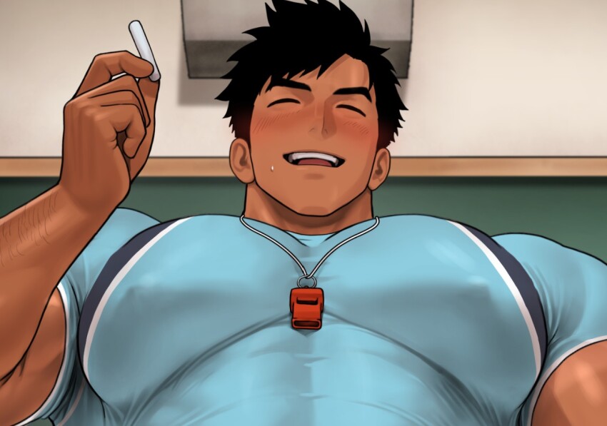 1boy, ^_^, arm_hair, bara, black_hair, blue_shirt, blush, broad_shoulders, chalk, closed_eyes, closed_mouth, covered_abs, covered_erect_nipples, from_below, huge_pectorals, kuromine_hiraya, male_focus, muscular, muscular_arms, muscular_male, open_mouth, original, parted_bangs, shirt, side_part, smile, solo, spiked_hair, sweatdrop, thick_eyebrows, tight_clothes, tight_shirt, upper_body, whistle, whistle_around_neck