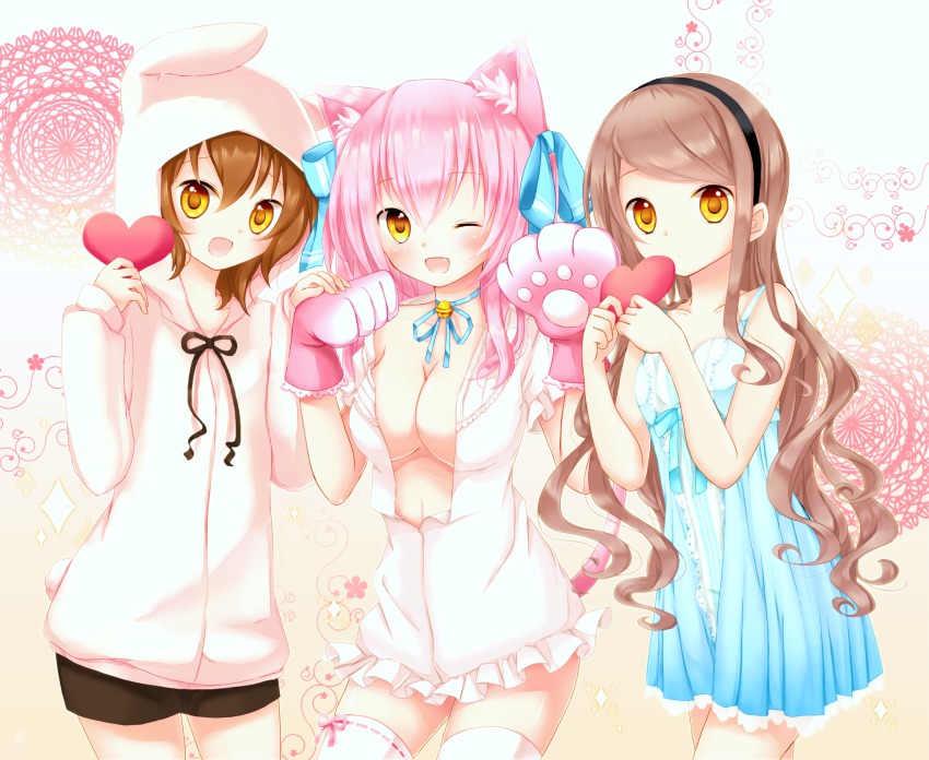 1boy, 2girls, :o, ;d, akane_(goma), akira_(goma), animal_ears, animal_hands