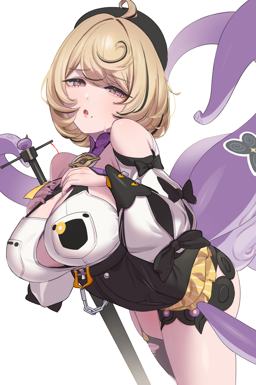 1girl, absurdres, ahoge, beret, black_hair, black_hat, blonde_hair, breasts