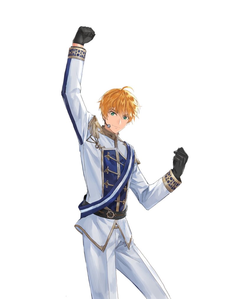 1boy, ahoge, artist_request, black_gloves, black_pants, blonde_hair, blue_sash, blue_shirt