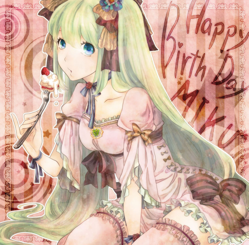 1girl, aqua_eyes, bracelet, choker, collarbone, female_focus, flower, food, fork, fruit, green_hair, hair_ribbon, happy_birthday, harusu, hatsune_miku, jewelry, long_hair, pinky_out, red_flower, red_rose, ribbon, ribbon_choker, rose, sitting, solo, strawberry, thighhighs, very_long_hair, vocaloid