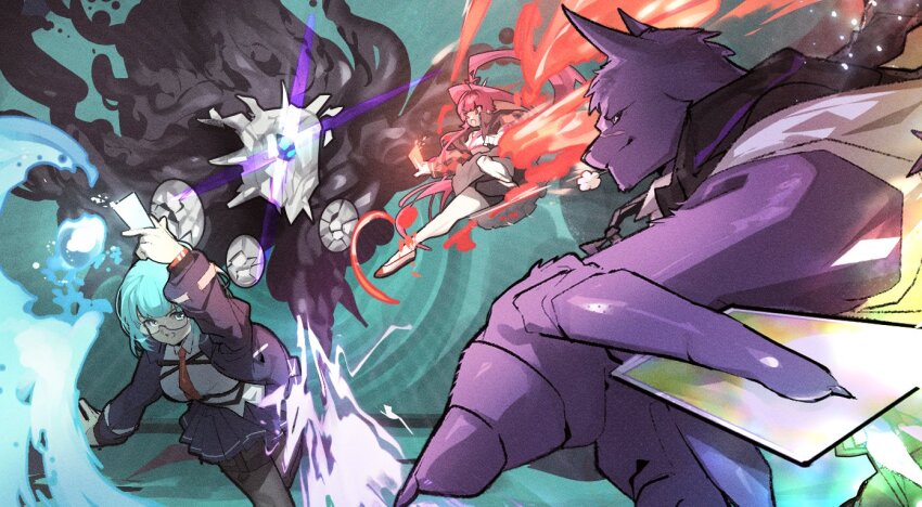 ai_manato, battle, blue_eyes, blue_hair, boss_fight, card, chaos_zero_nightmare, electricity