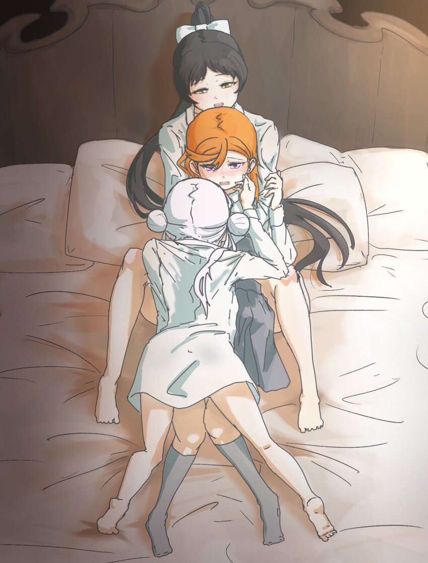 3girls, arashi_chisato, barefoot, black_hair, black_socks, bow, commentary, double_bun, girl_sandwich, hair_bow, hair_bun, hazuki_ren, highres, hug, hug_from_behind, long_hair, love_live!, love_live!_superstar!!, multiple_girls, necosaghi, no_shoes, on_bed, open_mouth, orange_hair, pillow, ponytail, sandwiched, shibuya_kanon, shirt, smile, socks, untranslatable_commentary, white_bow, white_hair, white_shirt, yellow_eyes, yuri
