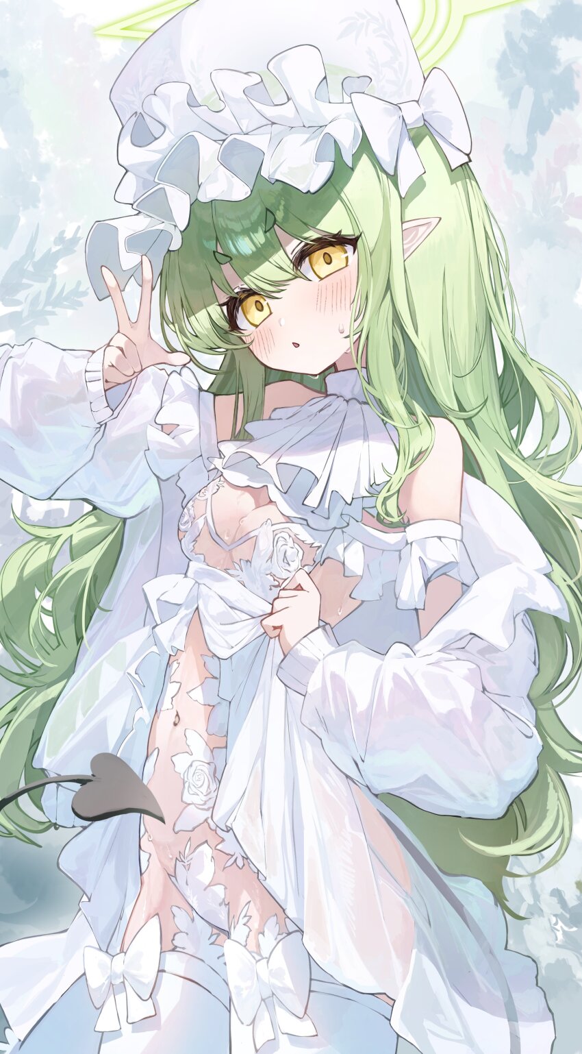 1girl, absurdly_long_tail, absurdres, alternate_costume, ascot, bare_shoulders, black_tail, blue_archive, blush, bow, bow_thighighs, breasts, commentary_request, cowboy_shot, demon_girl, demon_tail, detached_sleeves, dress, frilled_hat, frilled_sleeves, frills, green_hair, green_halo, hair_between_eyes, halo, hand_up, hands_up, hat, hat_bow, head_tilt, highres, hikari_(blue_archive), jacket, kabedoru, loli, long_hair, long_sleeves, looking_at_viewer, navel, off_shoulder, open_clothes, open_jacket, parted_lips, pointy_ears, revealing_clothes, sidelocks, simple_background, sketch, small_breasts, solo, standing, straight_hair, sweat, sweatdrop, tail, thighhighs, triangle_mouth, v, v-shaped_eyebrows, very_long_hair, w, white_ascot, white_background, white_bow, white_dress, white_hat, white_jacket, white_sleeves, white_thighhighs, yellow_eyes, zettai_ryouiki
