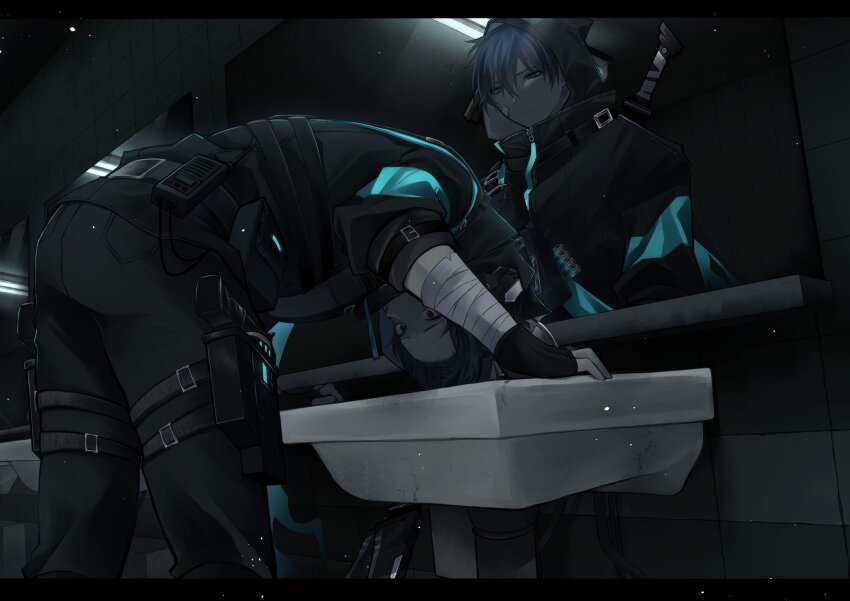 2boys, bandaged_arm, bandages, bathroom, belt, black_gloves, black_jacket, black_pants