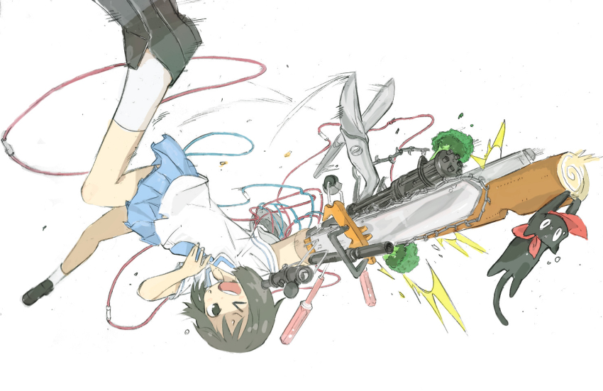 1girl, ^^^, black_eyes, black_hair, broccoli, cable, cake, chainsaw