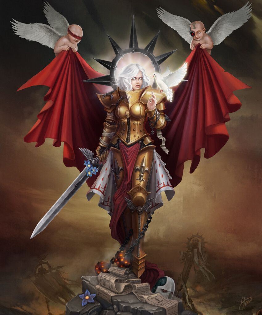 1girl, armor, armored_boots, artificial_eye, banner, battle_standard, beads, bird