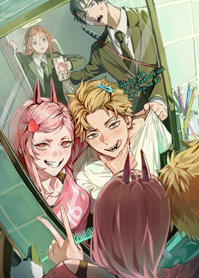 2girls, 3boys, absurdres, angel_devil_(chainsaw_man), angel_wings, bandage_on_face, bandage_on_nose, bandages