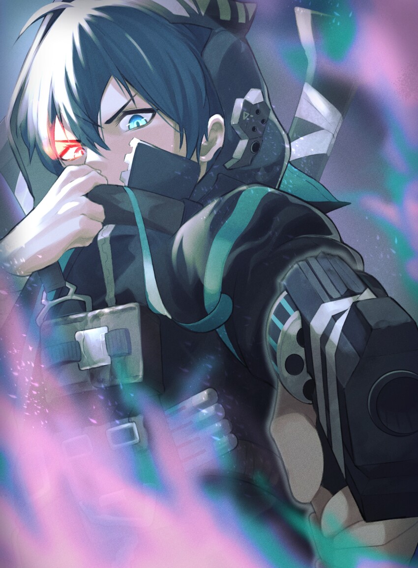 1boy, absurdres, aiming, black_jacket, blue_hair, chaos_zero_nightmare, flaming_eye, gun, heterochromia, highres, holding, holding_gun, holding_weapon, hood, hooded_jacket, jacket, luke_(chaos_zero_nightmare), male_focus, short_hair, solo, solo_focus, sword, weapon