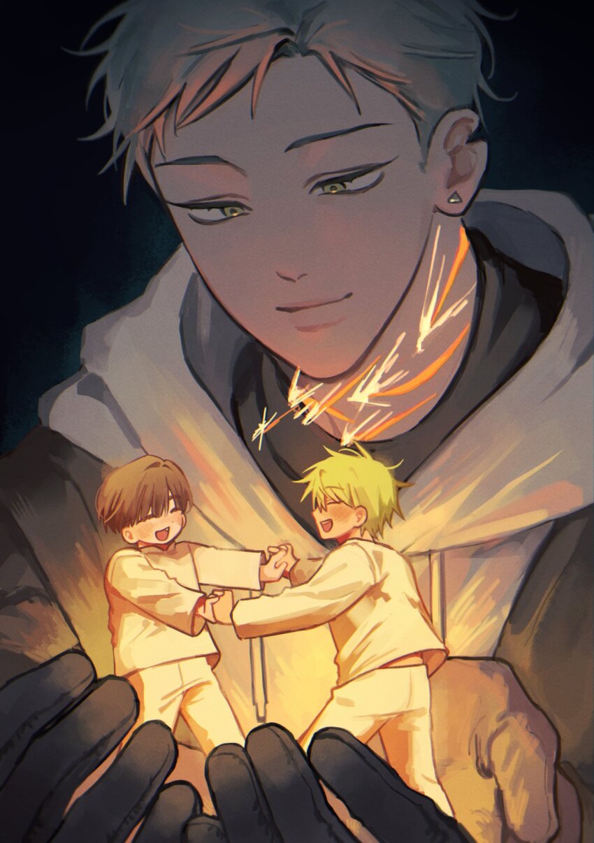 2boys, aged_down, alien_stage, black_gloves, black_hair, black_jacket, black_shirt, chocorocotan