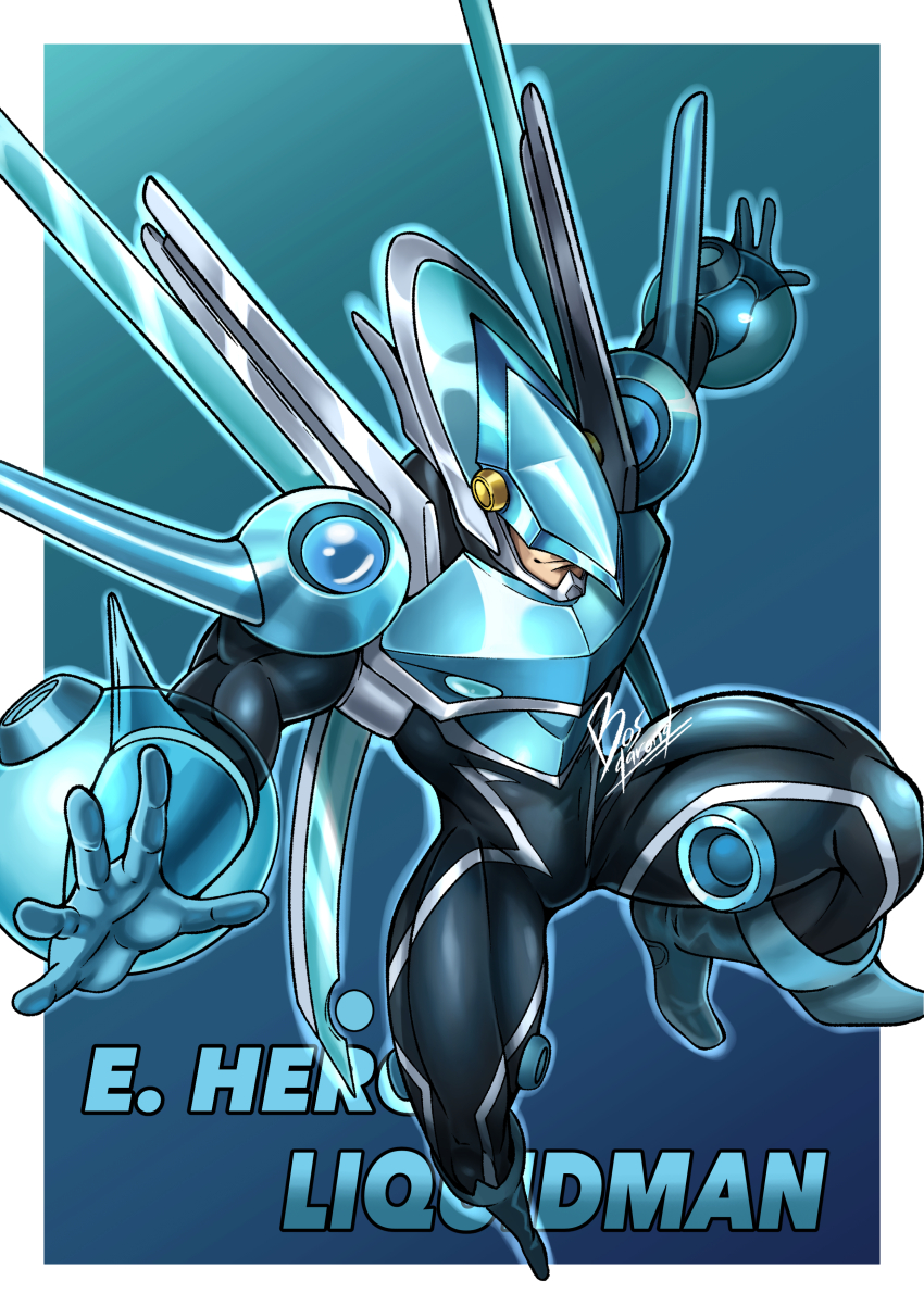 1boy, absurdres, aqua_background, aqua_boots, aqua_outline, armor, artist_name, assault_visor, black_bodysuit, blue_background, bodysuit, boots, border, bosgarong, breastplate, character_name, commentary, duel_monster, elemental_hero_liquid_soldier, gauntlets, gradient_background, highres, mixed-language_commentary, open_hands, outline, outside_border, outstretched_arms, see-through_armor, see-through_clothes, shoulder_armor, signature, smirk, solo, white_border, yu-gi-oh!, yu-gi-oh!_gx