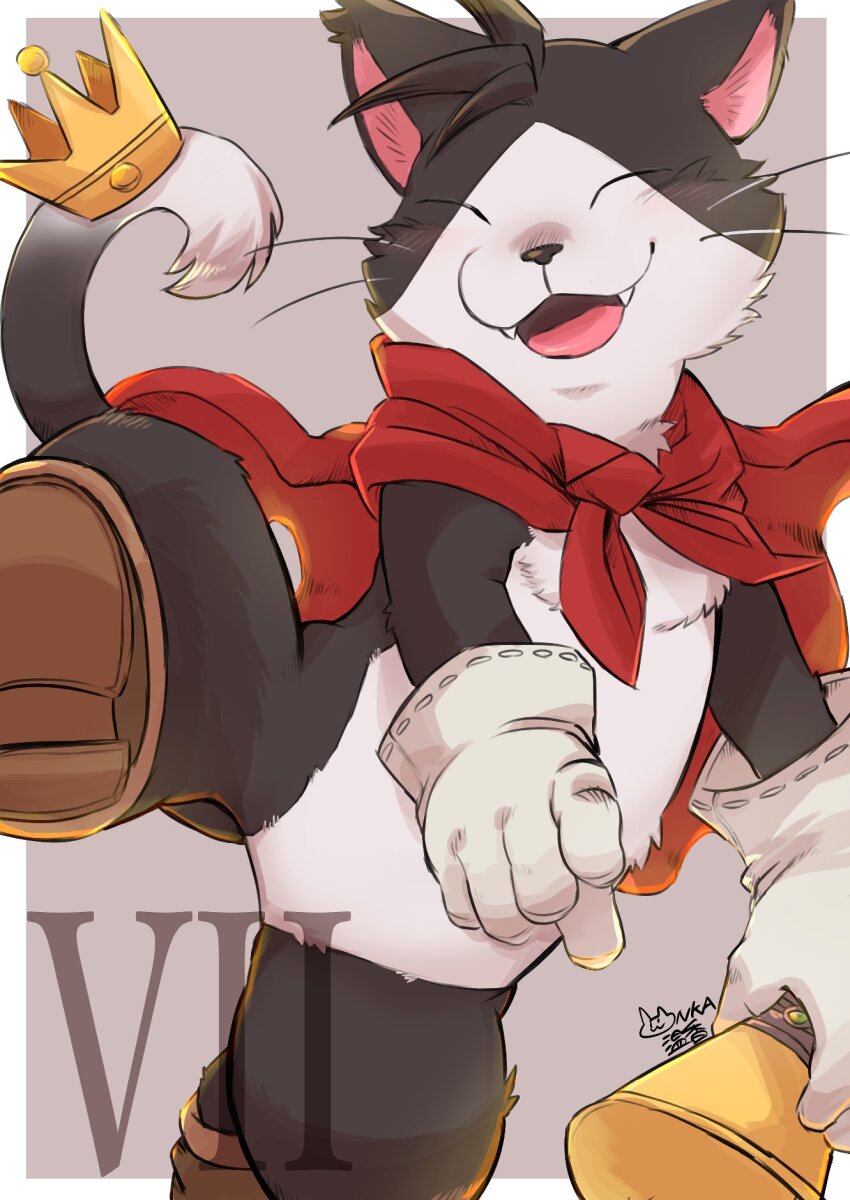 1boy, animal_ears, blush, boots, brown_boots, cait_sith_(final_fantasy), cape, cat_boy