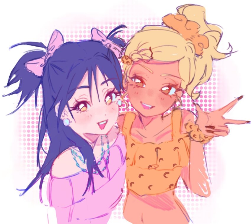 2girls, ame_(tokwapatatas), animal_print, blonde_hair, blue_hair, brown_hair, commentary, crop_top
