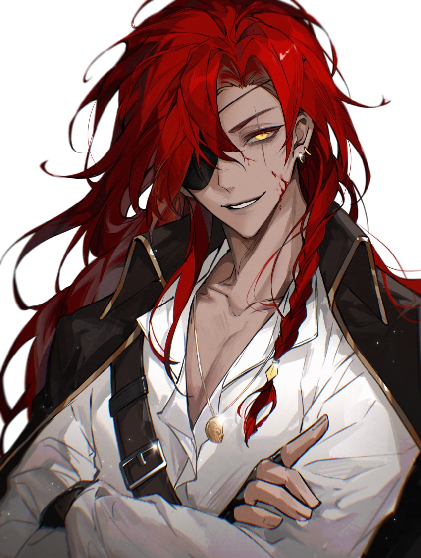 1boy, absurdres, belt, black_belt, black_gloves, black_jacket, blood, blood_on_face