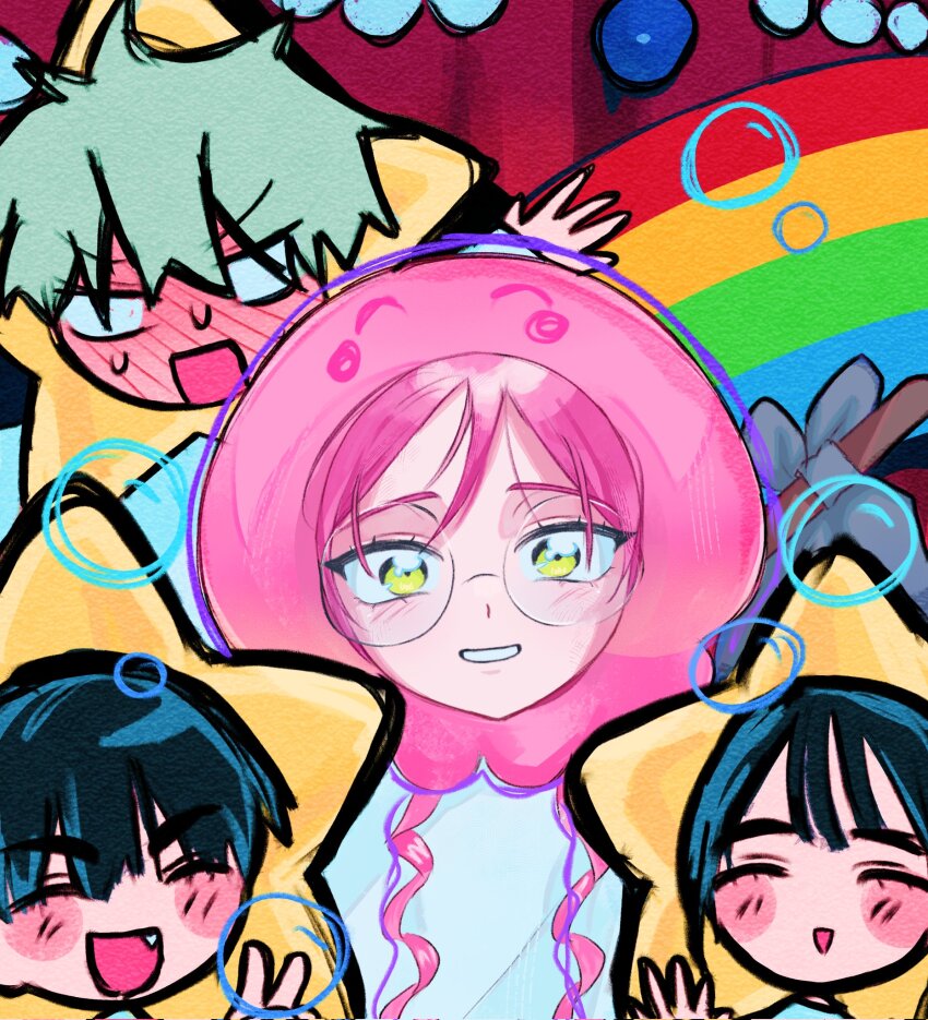 2boys, 2girls, alien_stage, black_hair, blank_eyes, blush, bubble, closed_eyes