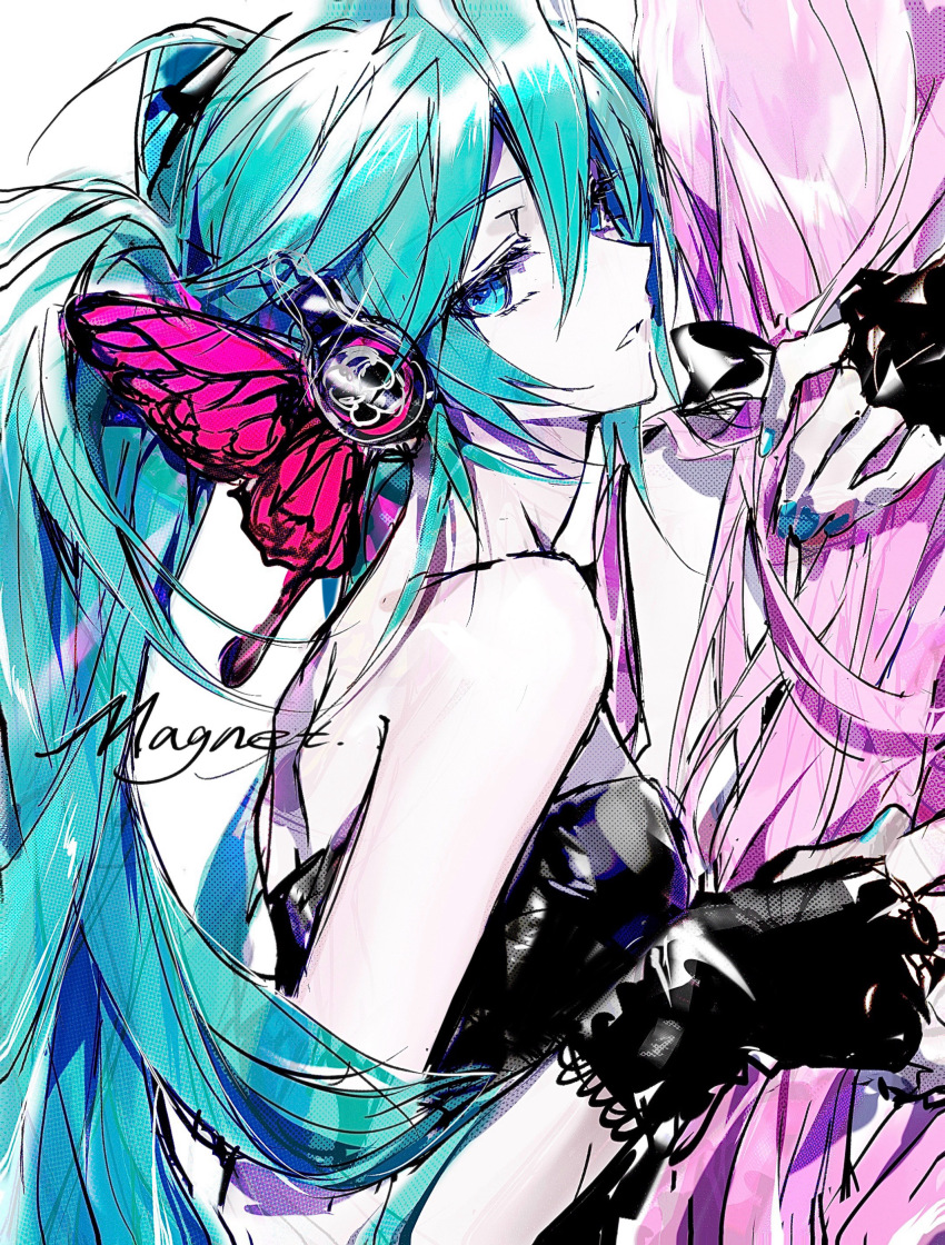 2girls, absurdres, aqua_hair, aqua_nails, bare_shoulders, black_dress, blue_eyes, bug