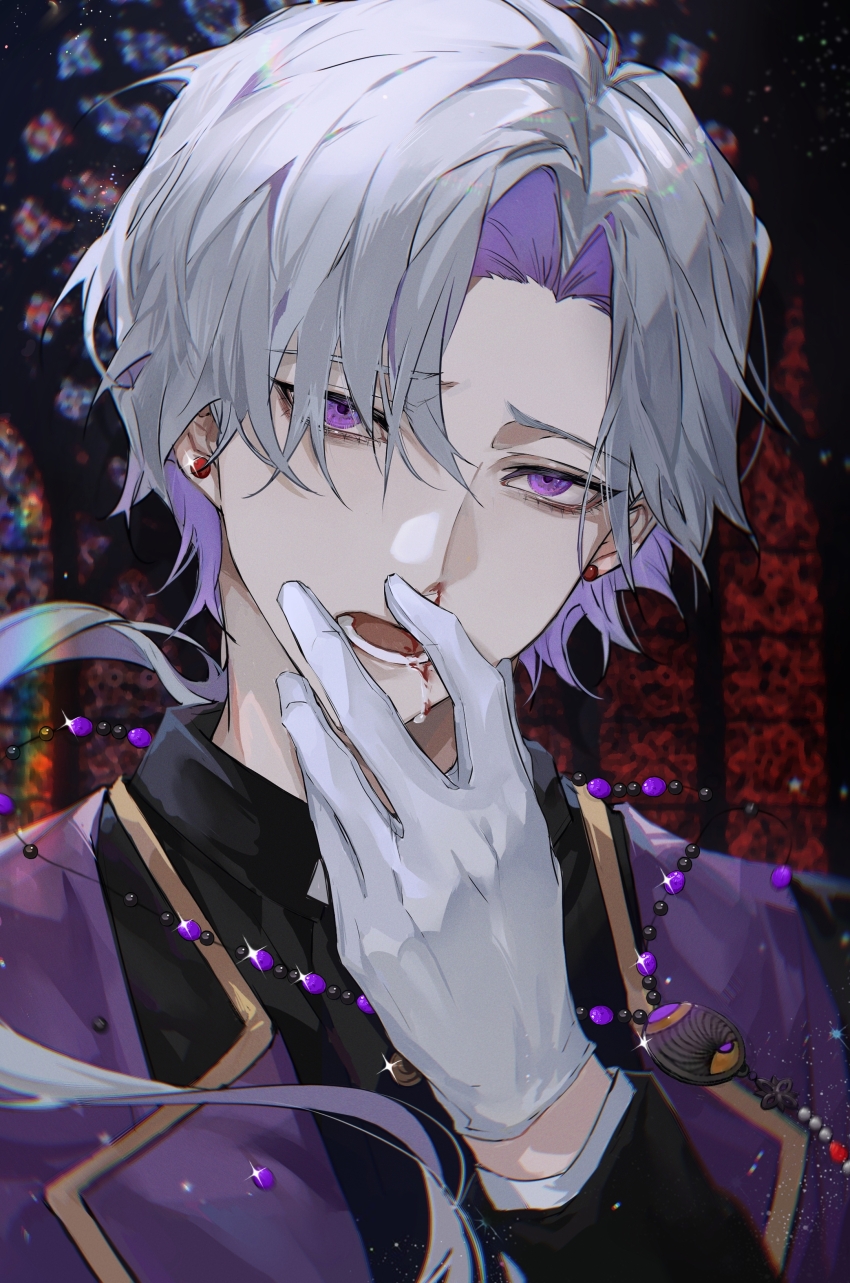 1boy, absurdres, bead_necklace, beads, black_shirt, blood, blood_from_mouth, call_of_cthulhu