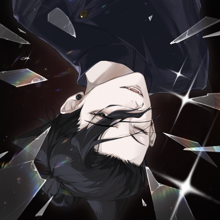 1boy, absurdres, animal_ears, black_background, black_eyes, black_hair, black_jacket, broken_glass