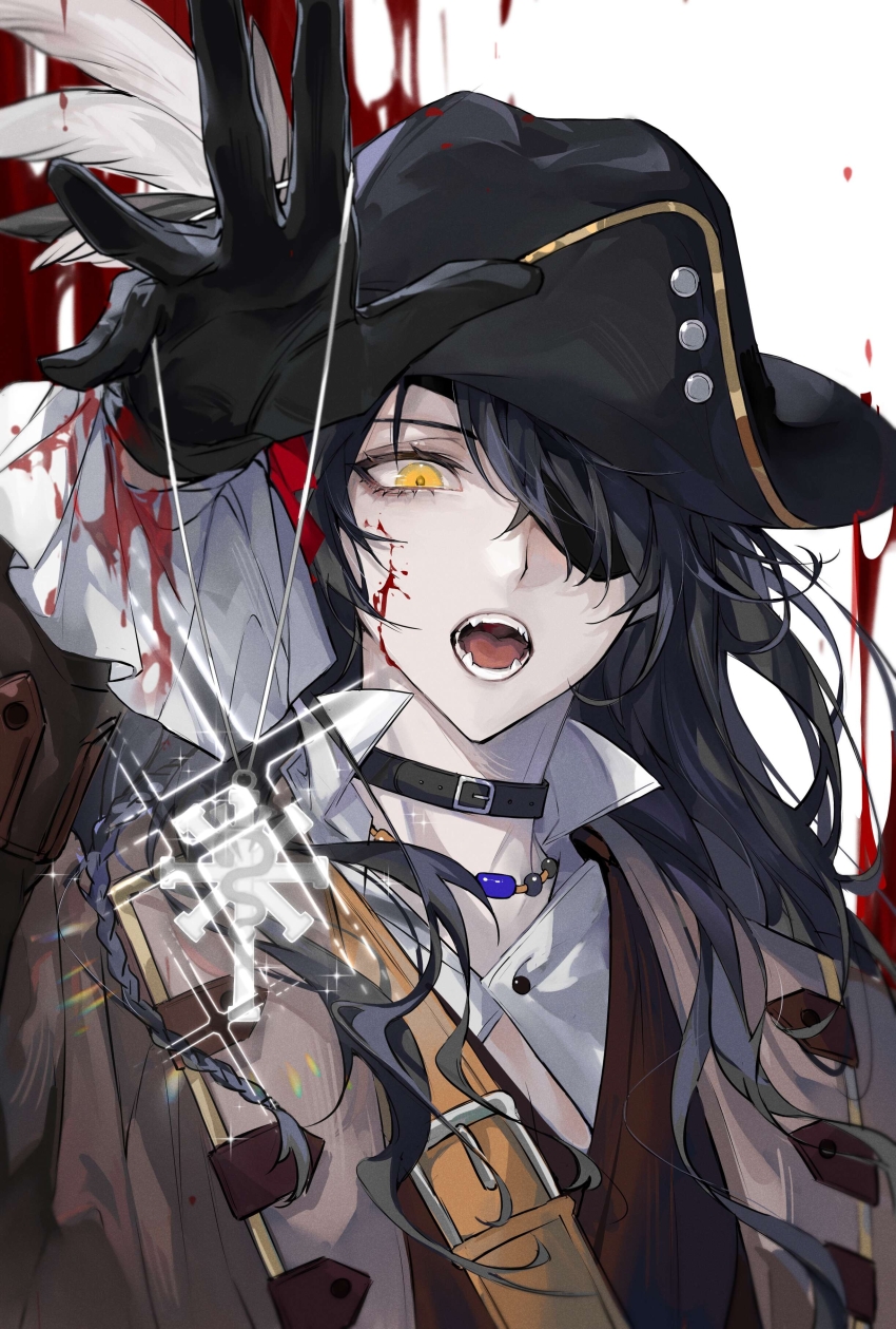 1boy, absurdres, belt, black_choker, black_gloves, black_hair, black_hat, black_vest, blood, blood_on_clothes, blood_on_face, blood_splatter, braid, broken_glass, brown_belt, brown_jacket, brown_vest, call_of_cthulhu, chinese_commentary, choker, collared_shirt, eyelashes, eyepatch, fangs, feathers, forsythe_(mussolier_de_shengzhizhe), frilled_sleeves, frills, glass, glint, gloves, glowing_necklace, hair_over_one_eye, hand_up, hat, hat_feather, highres, holding_neck, jacket, jewelry, long_hair, long_sleeves, looking_at_viewer, male_focus, mussolier_de_shengzhizhe, necklace, nidexintu, one_eye_covered, open_mouth, pirate_hat, shirt, shoulder_belt, side_braid, simple_background, single_braid, slit_pupils, solo, sparkle, teeth, upper_body, vest, white_background, white_shirt, yellow_eyes