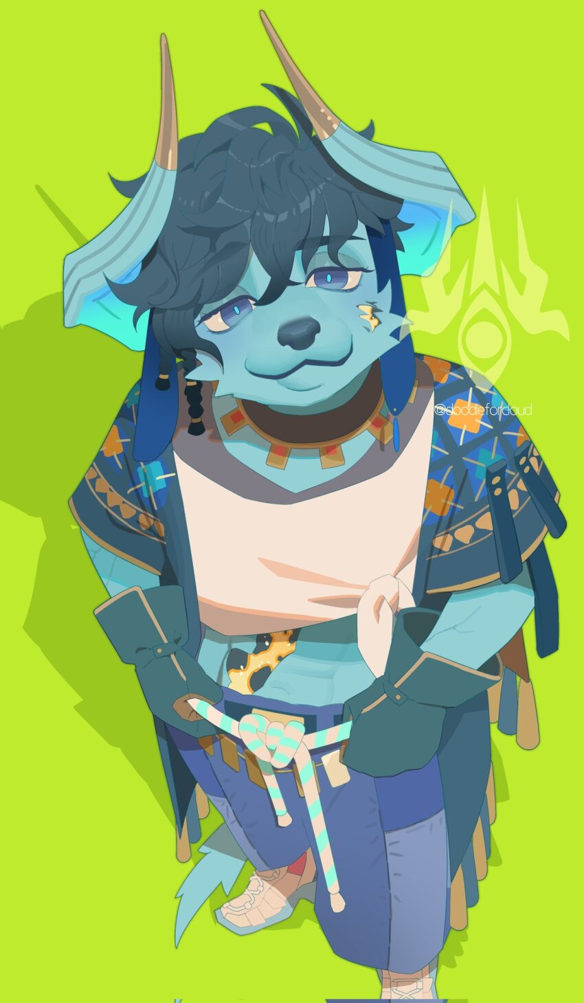 1boy, abs, amir_(enkidu)_(dislyte), artist_logo, artist_name, black_hair, blue_eyes, blue_skin