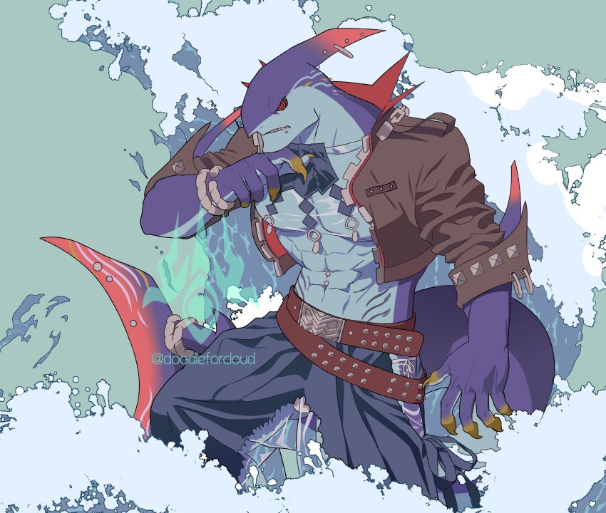 1boy, abs, absurdres, artist_logo, artist_name, bara, black_jacket, claws