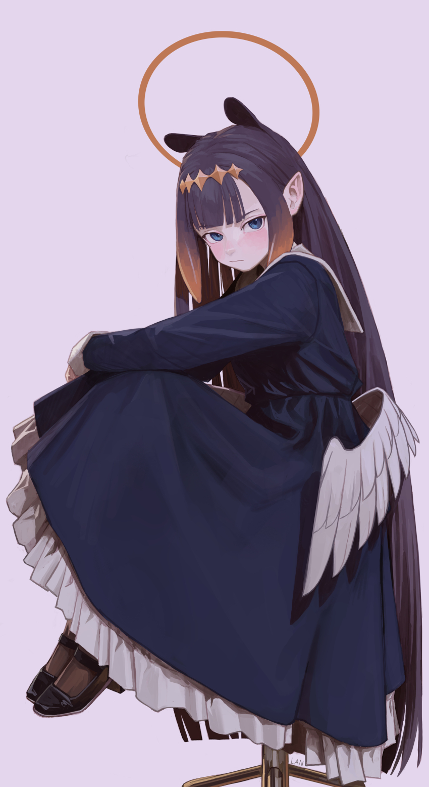 1girl, absurdres, artist_name, black_shoes, blue_dress, blue_eyes, blunt_bangs, diamond_hairband