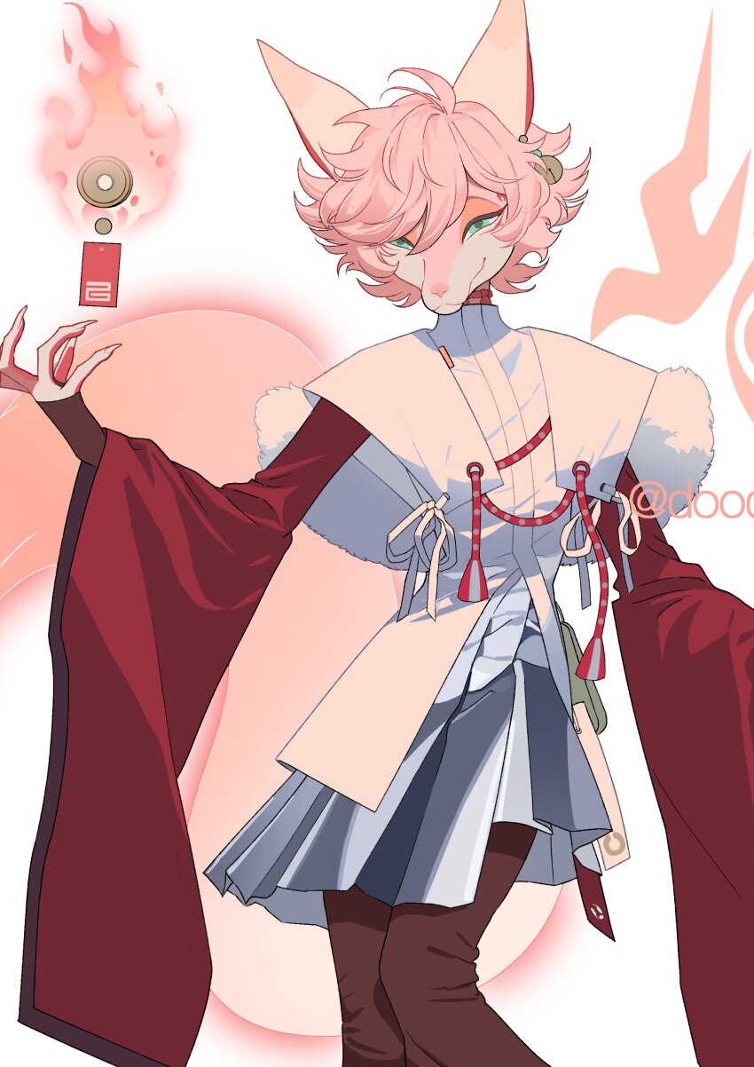 1boy, absurdres, animal_ears, claws, closed_mouth, commentary_request, dislyte, doodleforcloud, fire, fox_boy, fox_ears, fox_tail, furry, furry_male, highres, looking_at_viewer, male_focus, pink_hair, ryota_(inarinokami)_(dislyte), smile, tail, white_background