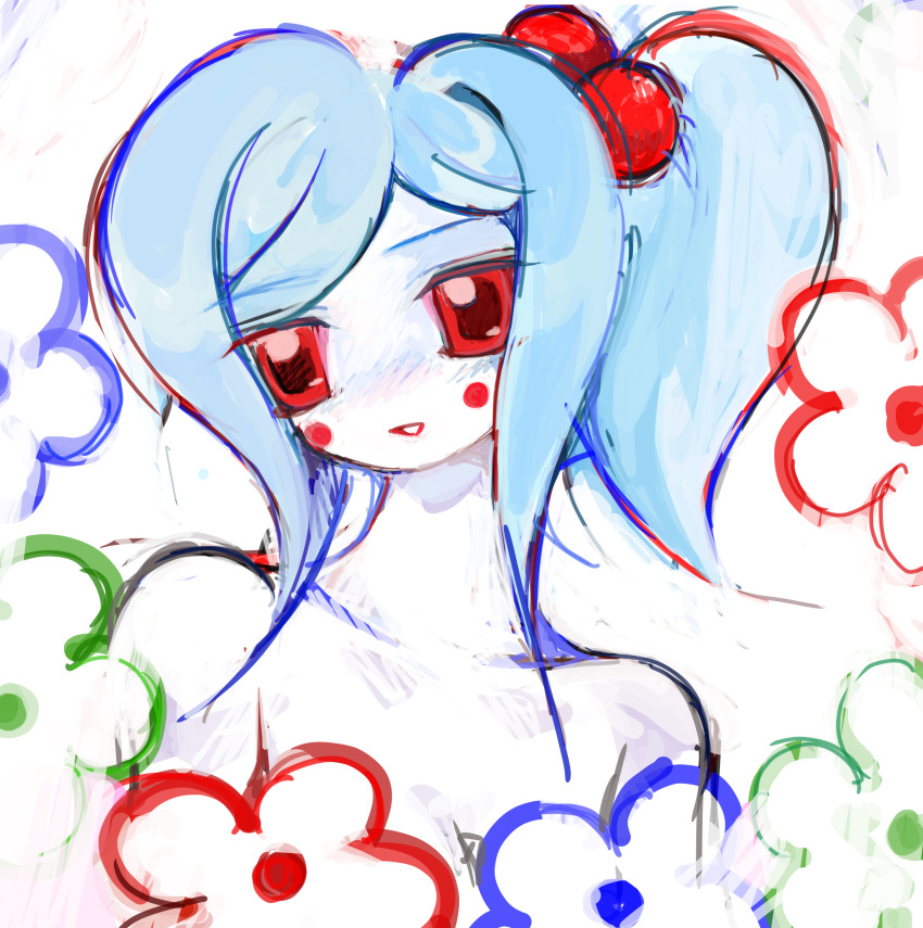 1girl, blue_flower, blue_hair, colored_sclera, colored_skin, commentary, english_commentary, faroja, flower, green_flower, heartlovepowertemple, highres, nude, painterly, ponytail, rabbitmaiden_softworks, red_eyes, red_flower, red_sclera, rgb_paw, side_ponytail, solo, upper_body, white_skin, yogurt200